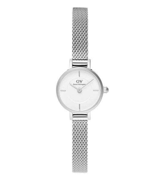 Elegant white Daniel Wellington watch, DW00100746, captured at a slight side angle with a sophisticated minimalist design.