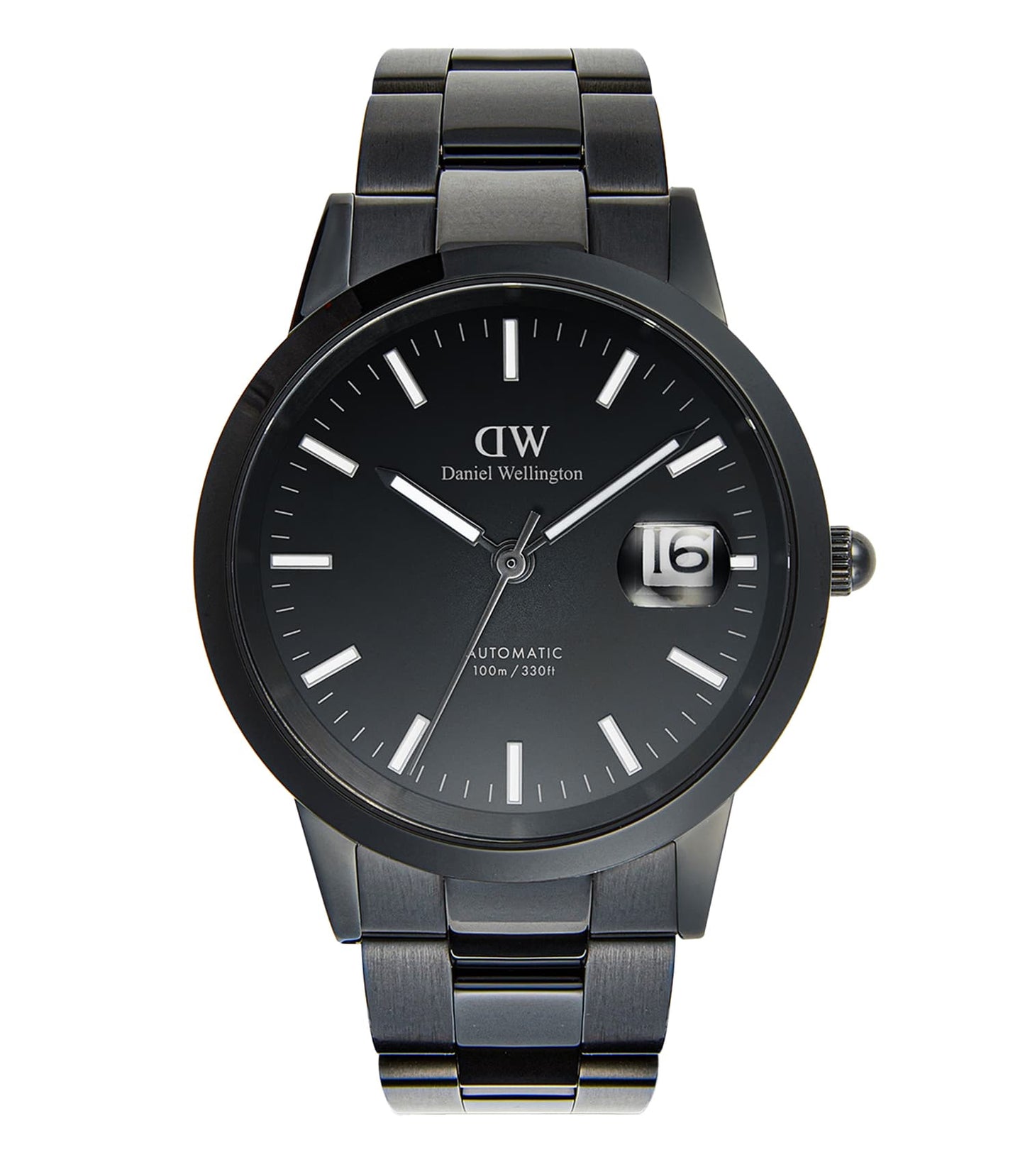 Daniel Wellington black watch, horizontal angle showcasing minimalist dial, sleek stainless steel frame, and refined elegance.