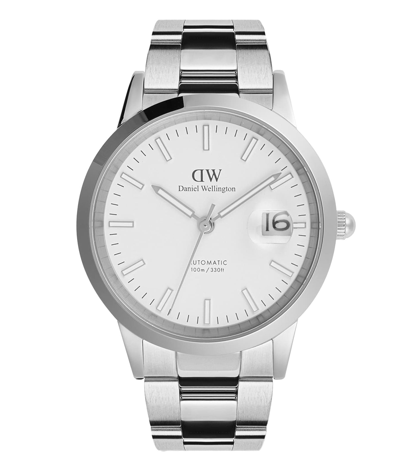 White Daniel Wellington watch featuring classic design with full frontal view, emphasizing sleek round dial and minimalist elegance.