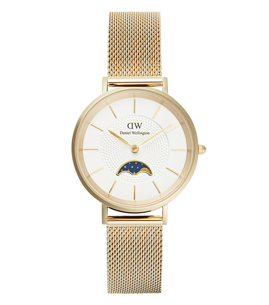 Elegant white Daniel Wellington watch with a round face, side angle view showcasing sleek minimalistic design.