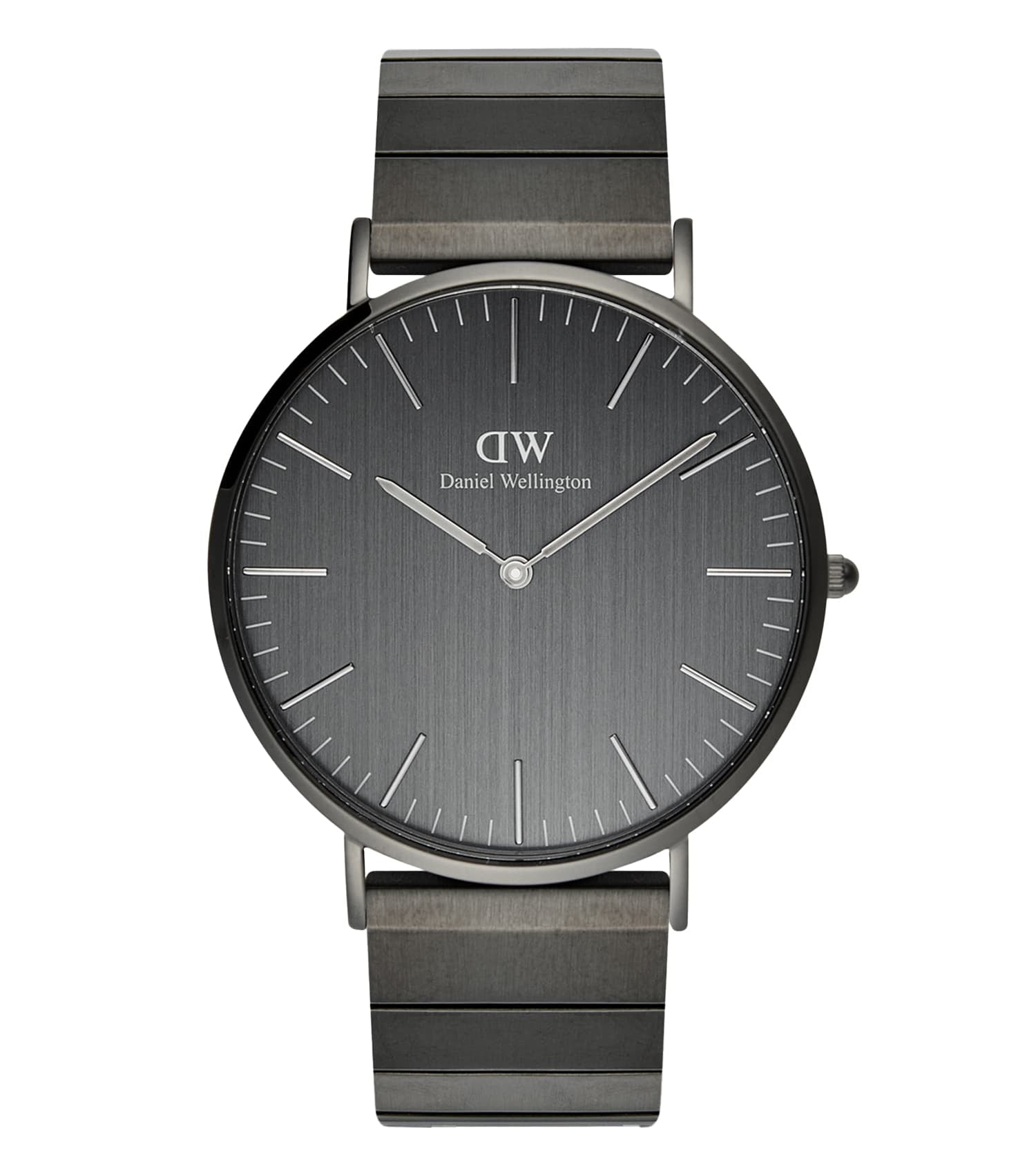 Daniel Wellington grey piano-finished watch, angled front view showcasing elegant minimalist design and sleek band detail.