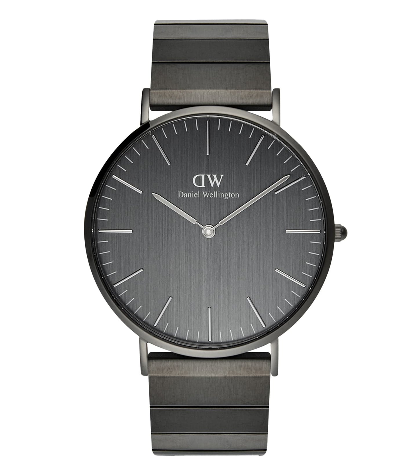 Daniel Wellington grey piano-finished watch, angled front view showcasing elegant minimalist design and sleek band detail.