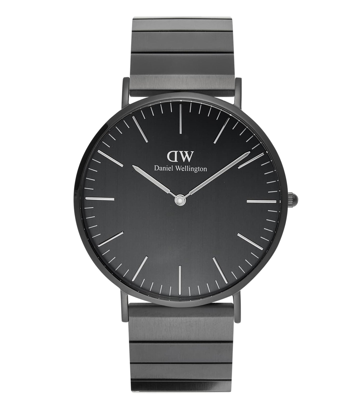 Elegant black Daniel Wellington watch front view; sleek minimalist design with leather strap and shining white dial, radiates sophistication.
