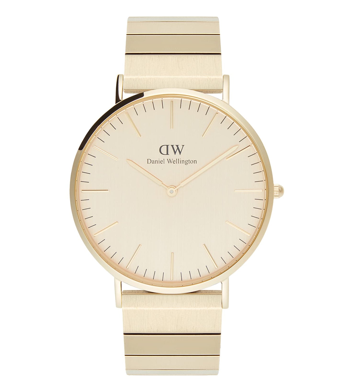 Daniel Wellington brushed gold piano watch at a 40-degree angle, showcasing sleek design and premium craftsmanship.