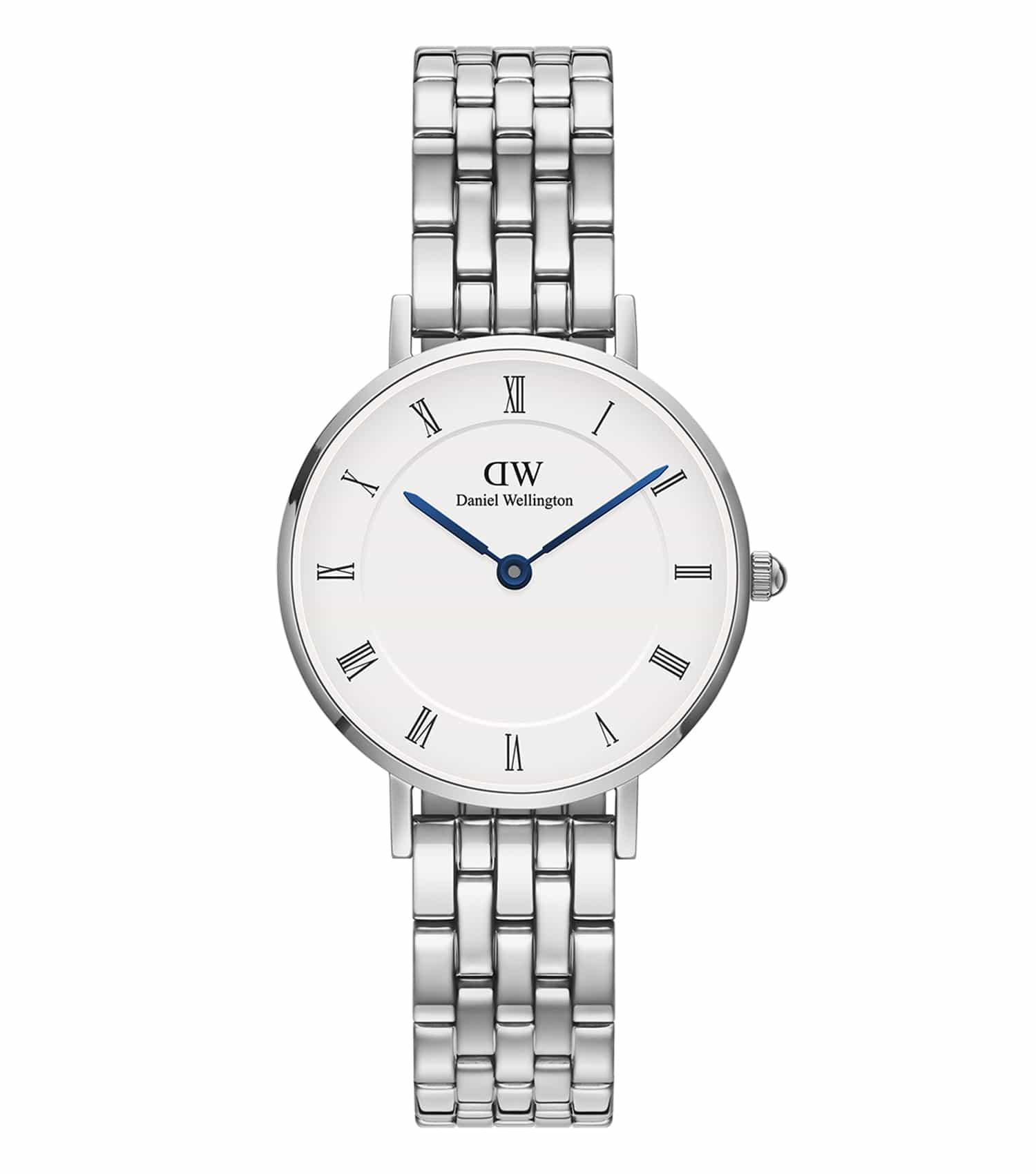 Daniel Wellington sleek black leather strap watch, DW00163, with silver round dial, showcased at a slight side angle.