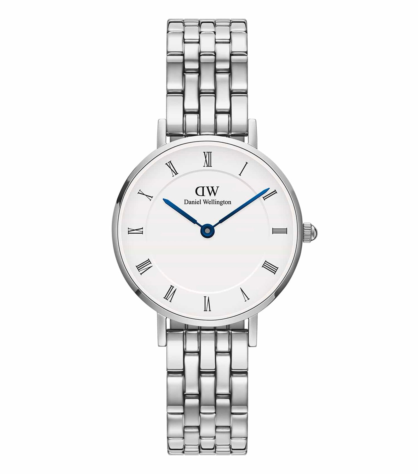 Daniel Wellington sleek black leather strap watch, DW00163, with silver round dial, showcased at a slight side angle.