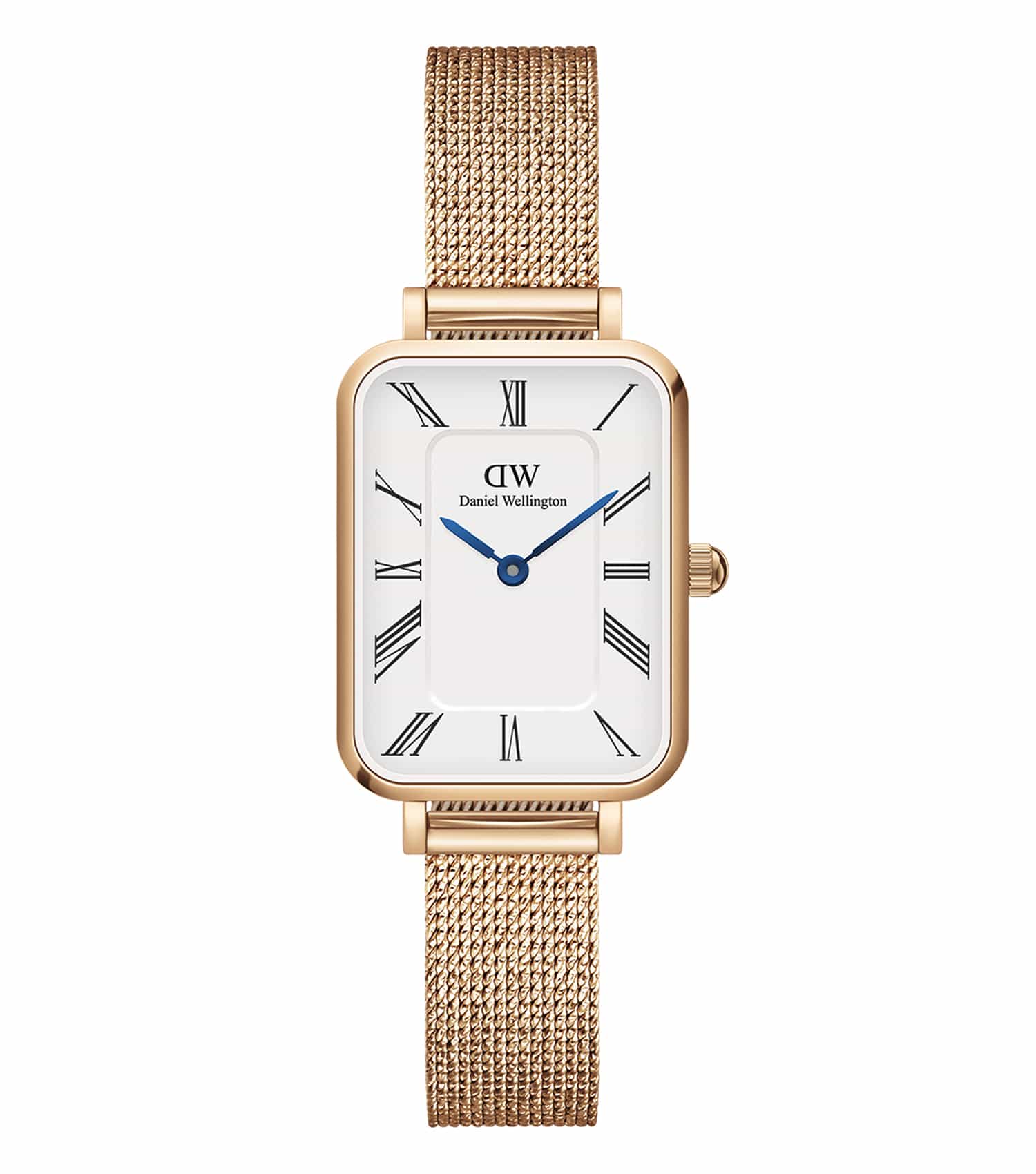Daniel Wellington Quadro gold watch with black strap, angled diagonally in a stylish monochrome setting showcasing elegance.