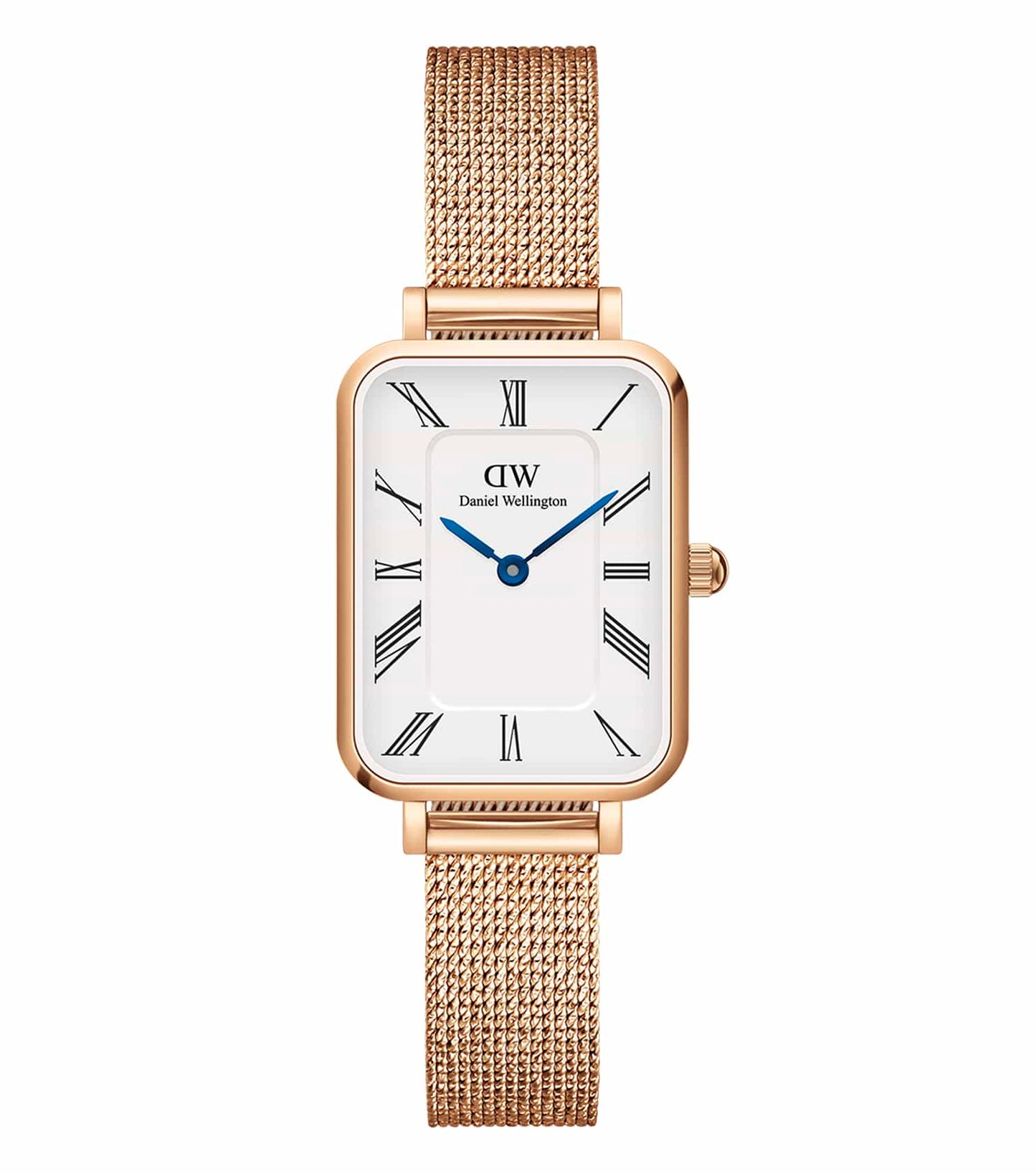 Daniel Wellington Quadro gold watch with black strap, angled diagonally in a stylish monochrome setting showcasing elegance.