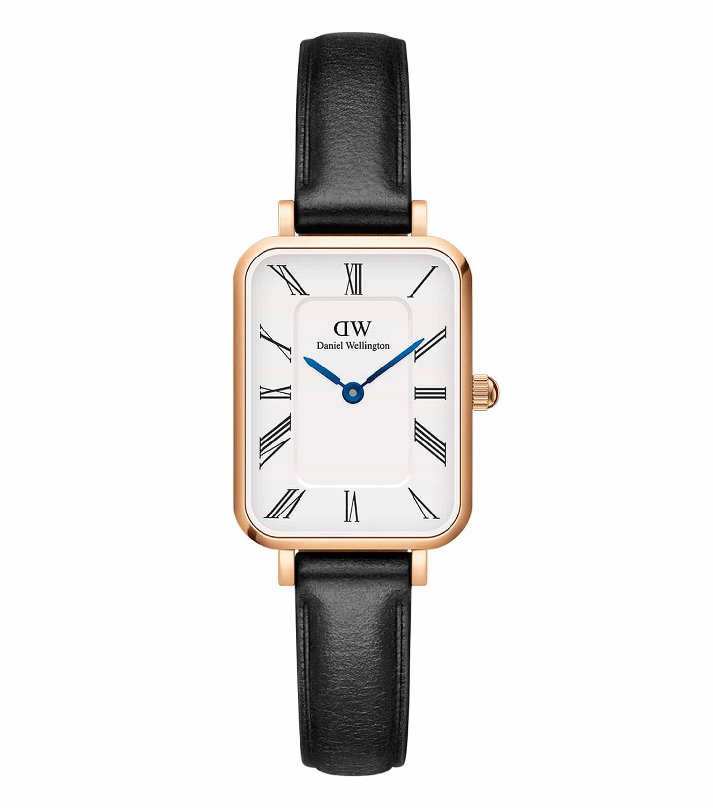 Daniel Wellington Quadro gold-tone watch with minimalist square dial elegantly captured at a 45-degree angle against a subtle backdrop.