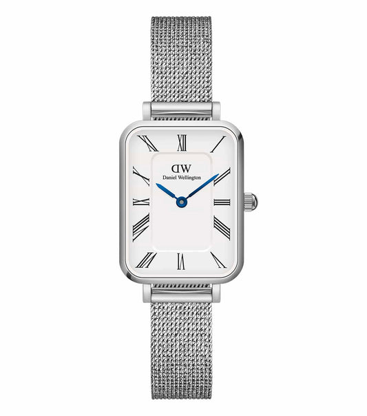 Daniel Wellington Quadro watch in quartz color, featuring Roman numerals, side angle view, elegant and timeless design.