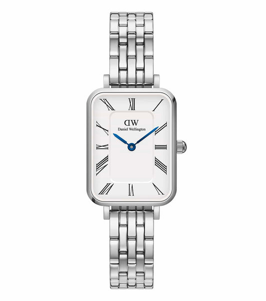 Daniel Wellington Quadro watch in rose gold color on a slight angle, showcasing a minimalist design with a white dial and brown leather strap.