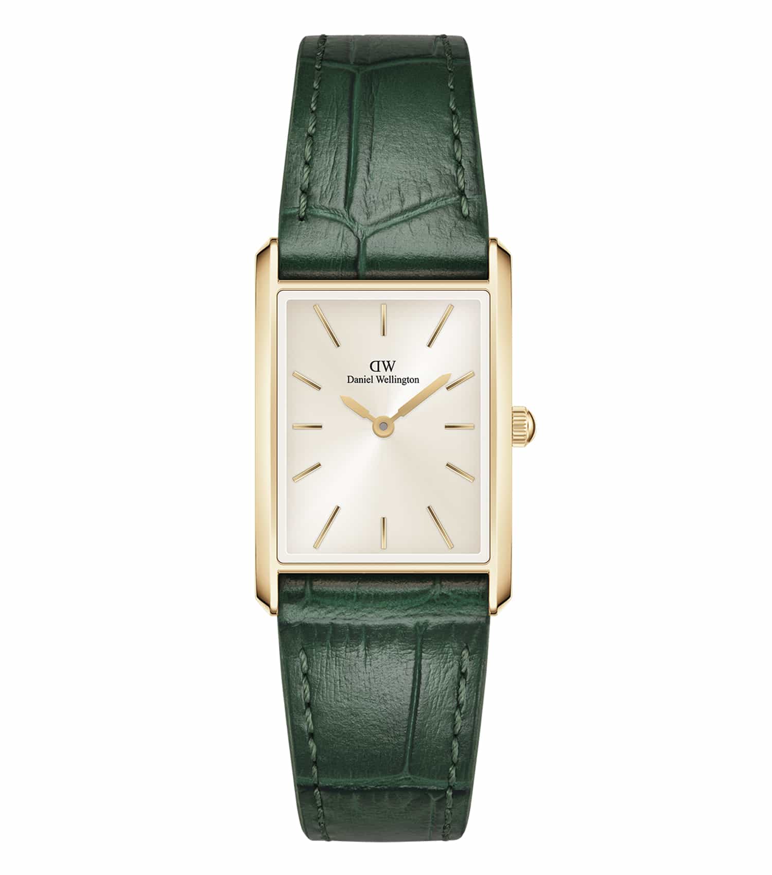 Elegant Daniel Wellington Watch, monochrome, showcasing distinctive features from a slightly elevated angle.