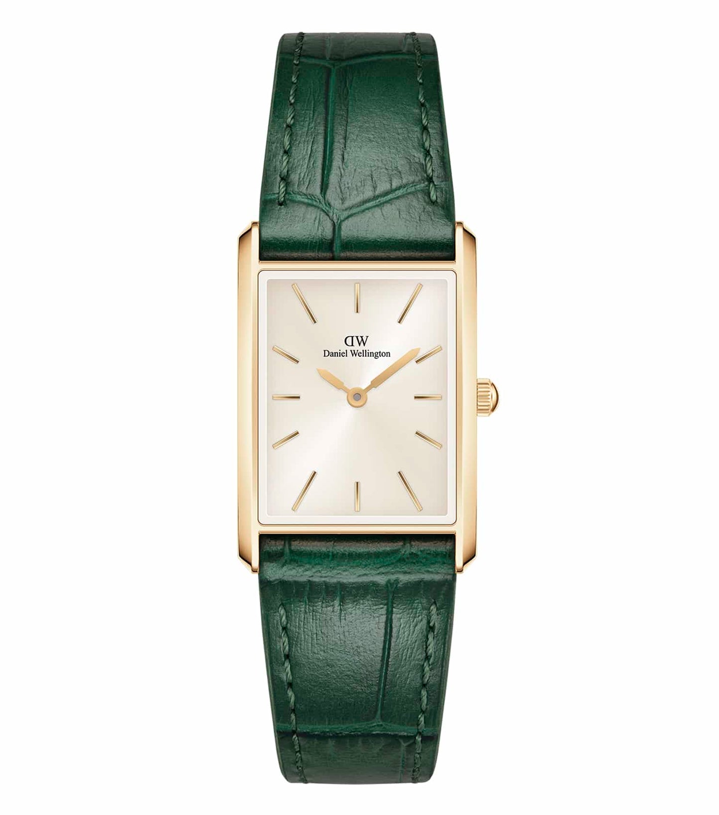Elegant Daniel Wellington Watch, monochrome, showcasing distinctive features from a slightly elevated angle.