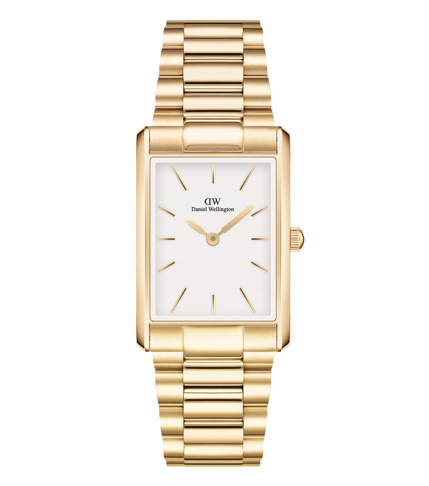 Daniel Wellington quartz watch in soft focus, elegant rectangular face, side profile view, showcasing gold-tone accents and classic design.