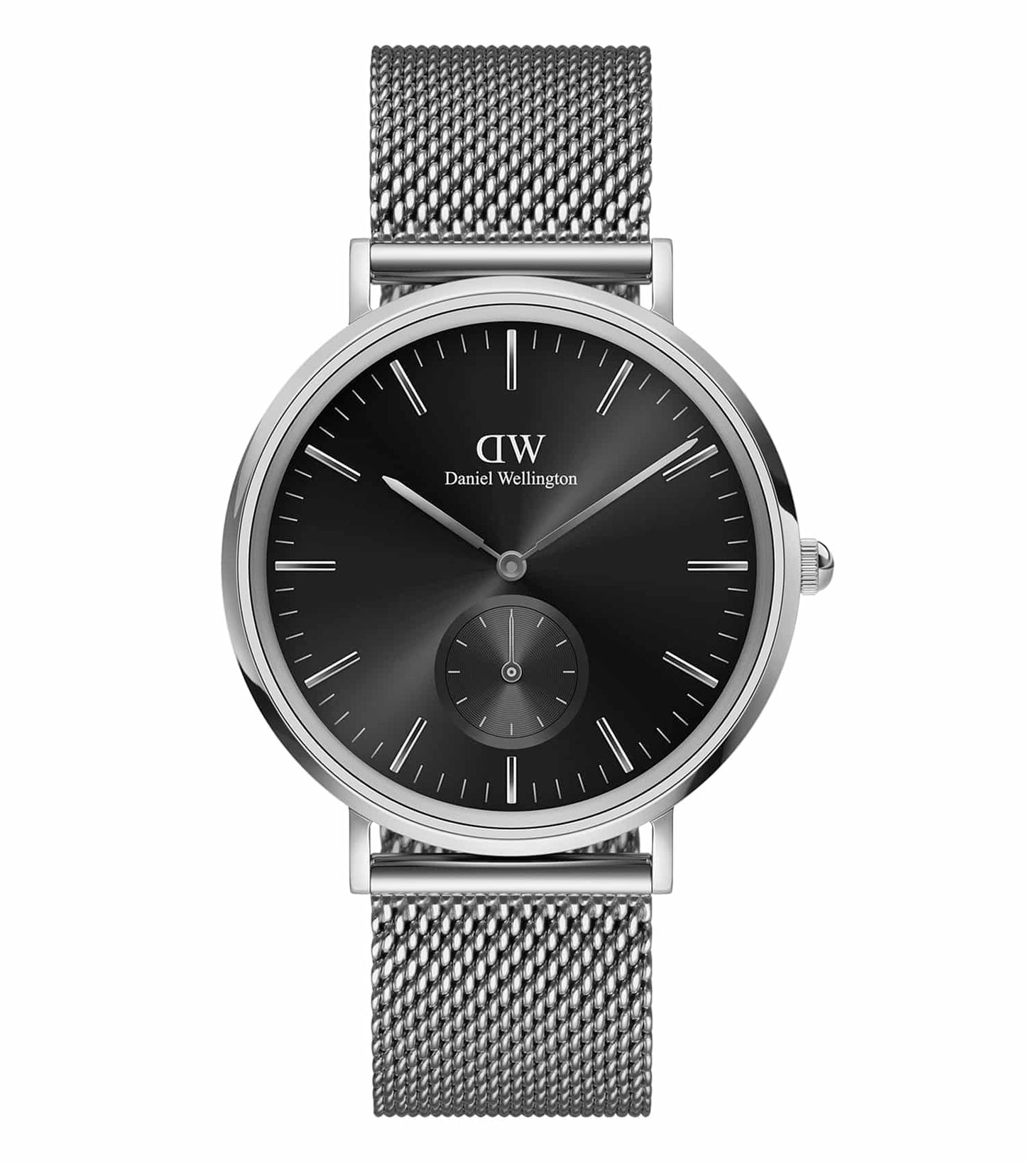 Daniel Wellington multi-eye watch showcasing sleek design in black and silver, angled on textured surface with elegant simplicity.