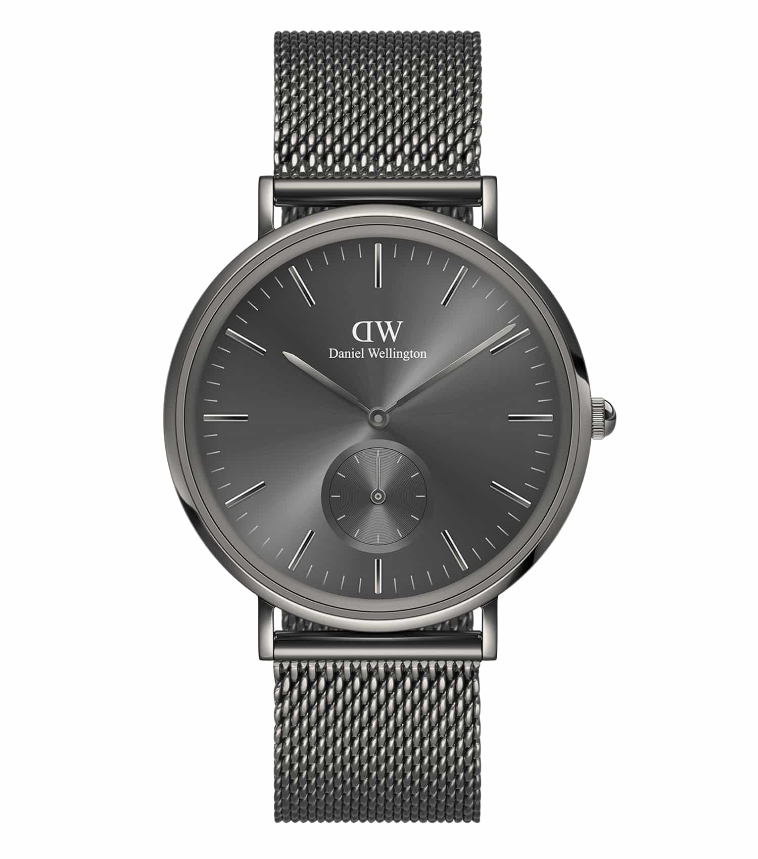 Daniel Wellington classy watch in silver, side angle view shows minimalist design and single black strap against a white background.