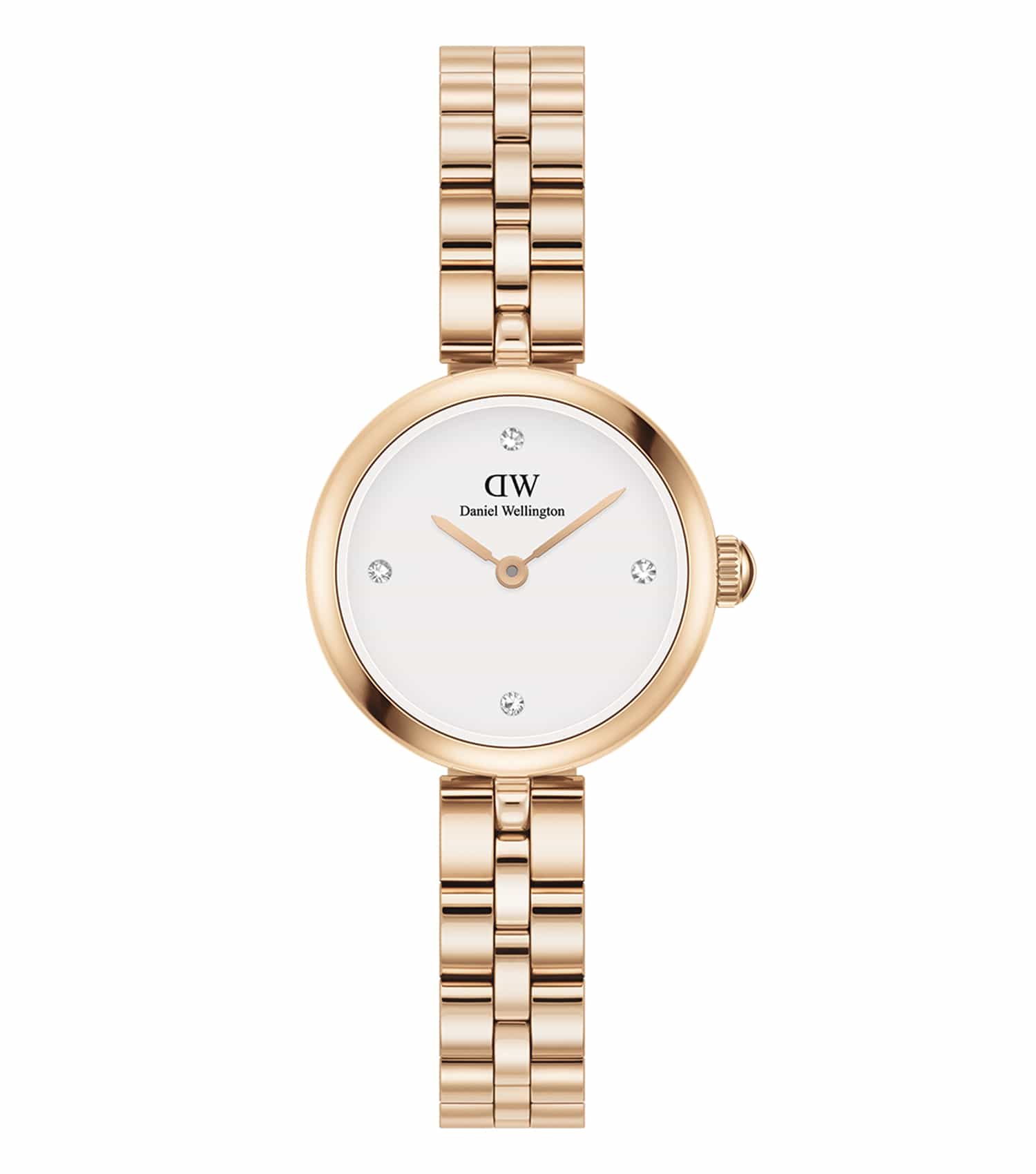Daniel Wellington Elan watch in light gold color, front view, showcasing elegant design and minimalist dial, luxury timepiece.