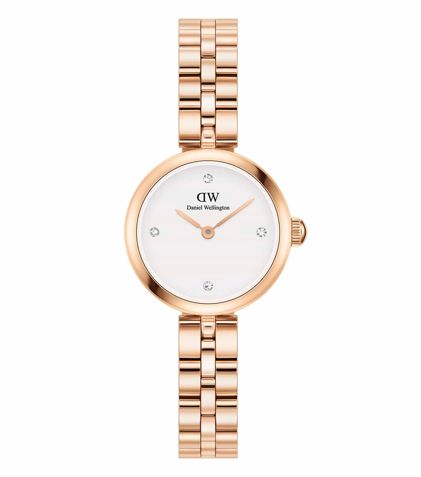 Daniel Wellington Elan watch in light gold color, front view, showcasing elegant design and minimalist dial, luxury timepiece.