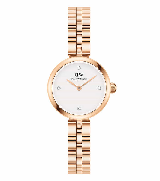 Daniel Wellington Elan watch in light gold color, front view, showcasing elegant design and minimalist dial, luxury timepiece.