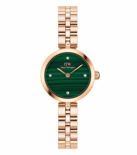Daniel Wellington watch in Elan color, showcasing a sleek round dial and minimalist design from a frontal angle, captures elegance.