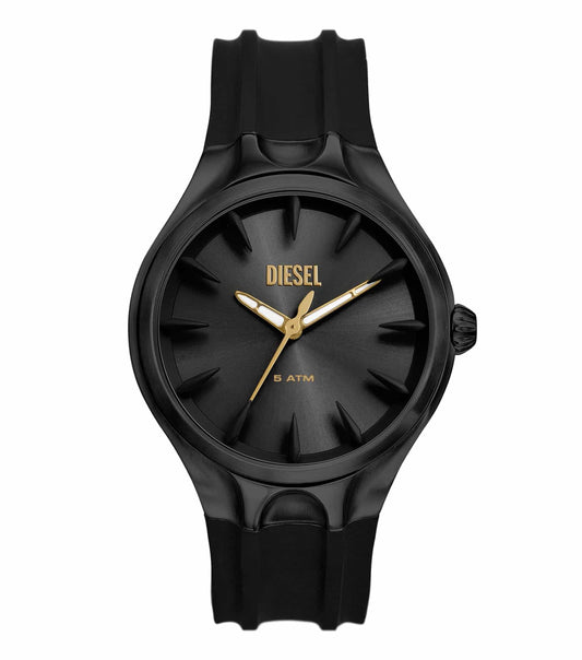Diesel watch featuring a sleek, matte black design; showcased diagonally from above with a bold, textured face and modern style.