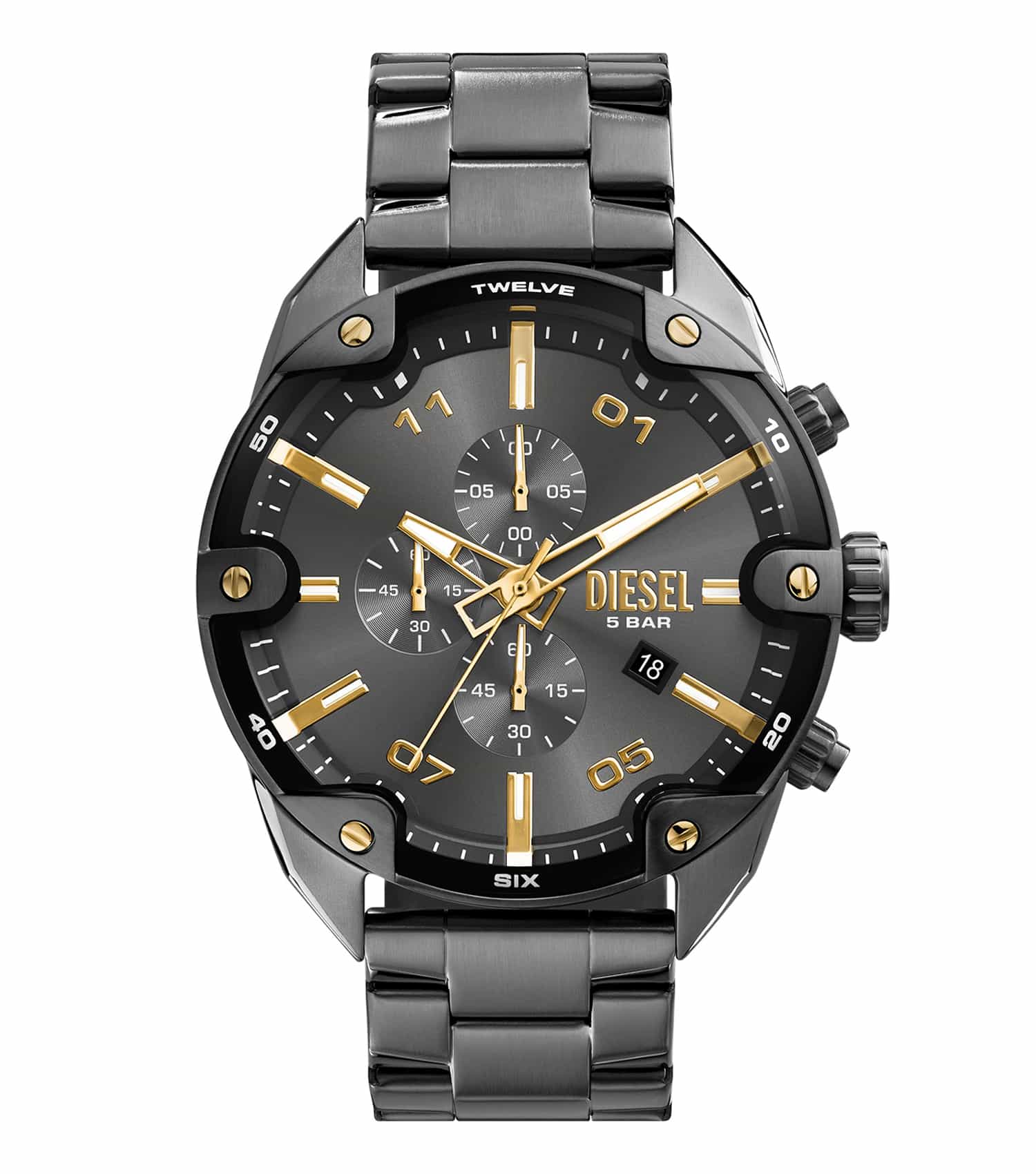 Diesel watch DZ4669 in bold blue, giving a side-angle view showcasing its sleek silver accents and modern dial design.
