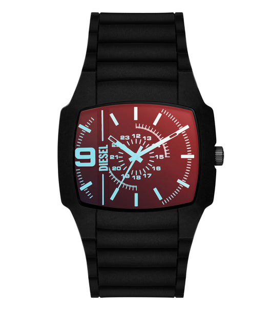 Silver Diesel watch with round face and large dial, showcasing functional design at a slight front angle, casual elegance in silver.