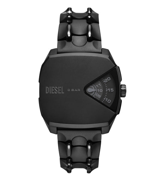 Diesel men's watch, model DZ2171, with silver and black tones, displays a side view showcasing the bold design.