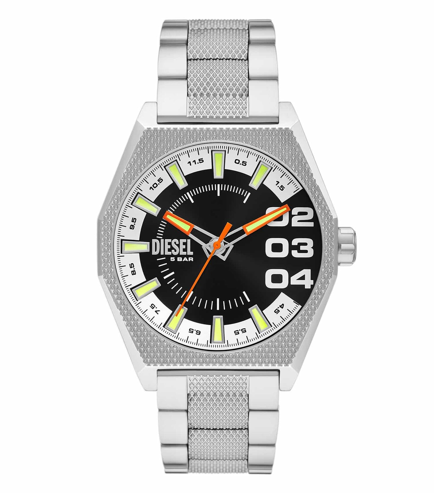 Diesel quartz watch in a sleek dark color, showcasing a side angle with intricate dial details and stylish rugged design, DZ2172.