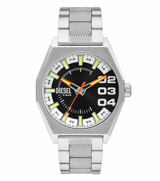 Diesel quartz watch in a sleek dark color, showcasing a side angle with intricate dial details and stylish rugged design, DZ2172.