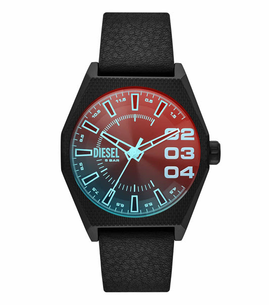 Diesel quartz watch with a sleek modern design in a warm gray tone, angled from the front showing the robust case and stylish strap.