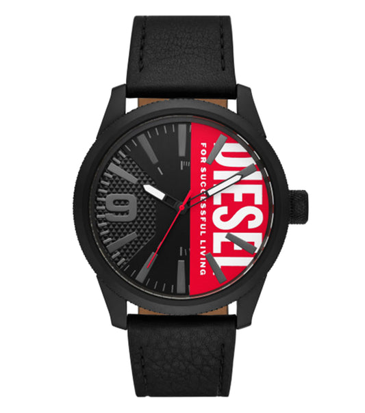 Diesel watch in unique rasp color showcased at a 45-degree angle, featuring a bold round face and intricate strap design, perfect for trendsetters.