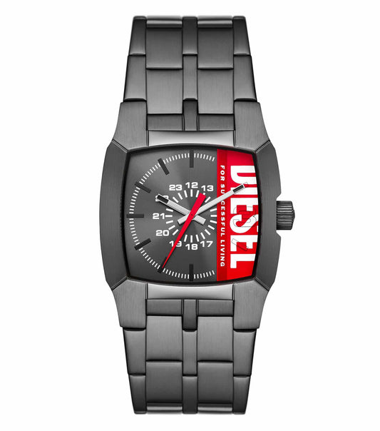 Diesel watch in a sleek black color, angled slightly to the right, showcasing bold design with intricate details and durable strap.