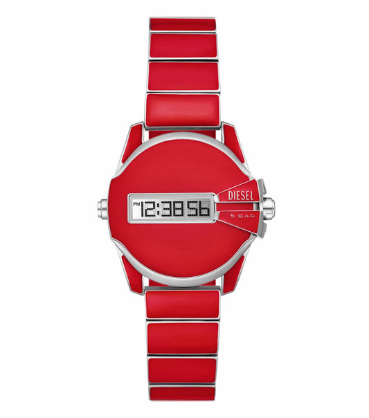 Diesel men's watch with a none color scheme, side angle view showcasing unique strap design and bold dial elements.