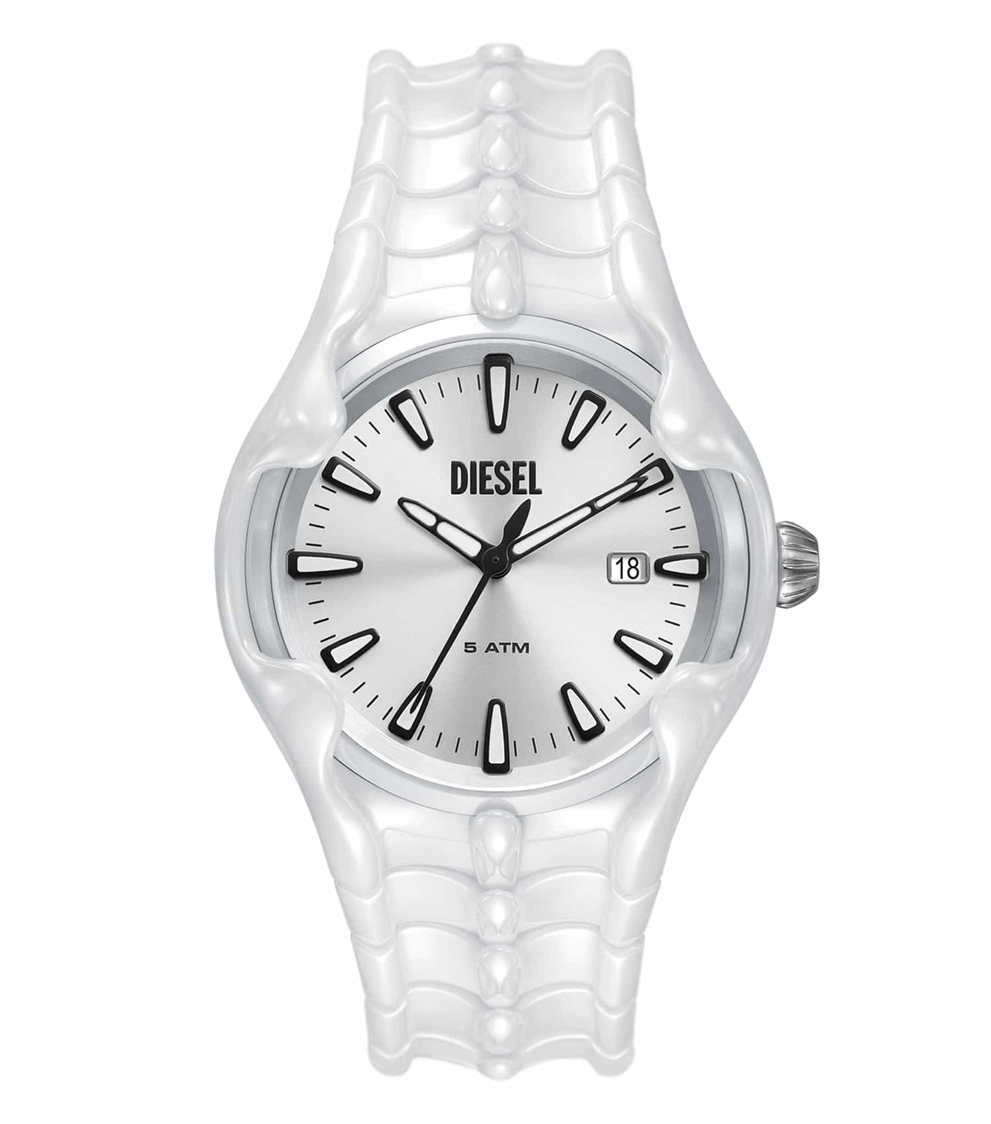 VERT-colored Diesel watch with sleek black accents viewed at a three-quarters angle, showcasing modern design and bold style.