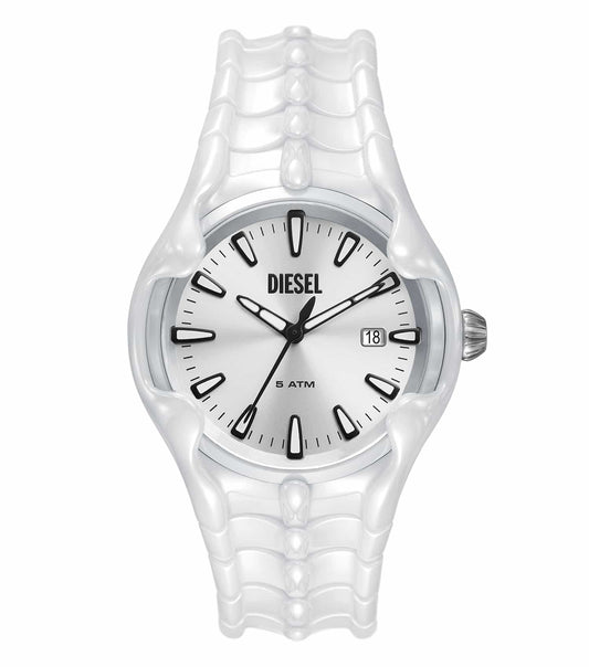 VERT-colored Diesel watch with sleek black accents viewed at a three-quarters angle, showcasing modern design and bold style.