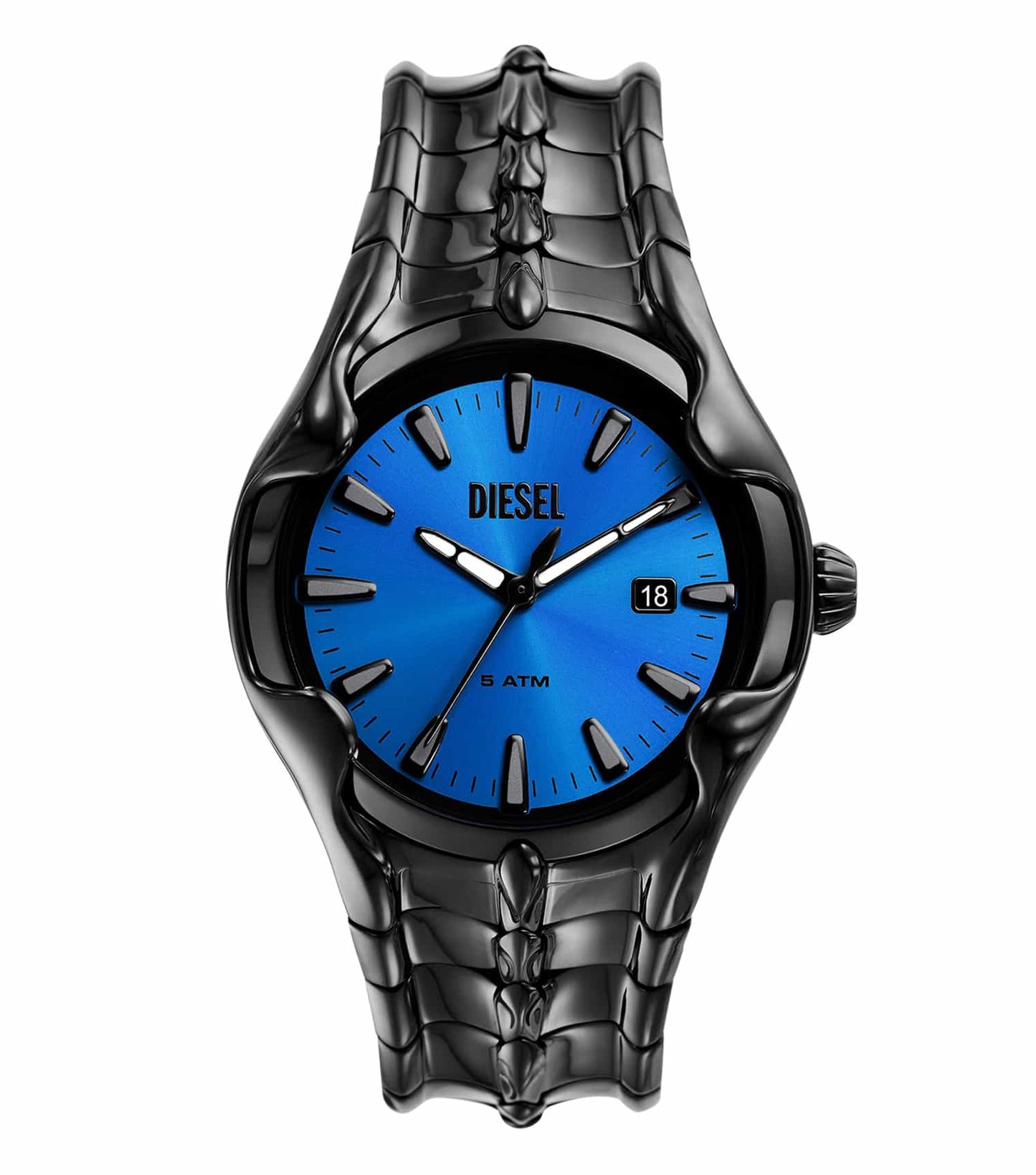 Diesel black watch at a 45-degree angle, showcasing its sleek design, round dial, and stainless steel case for fashion-forward style.