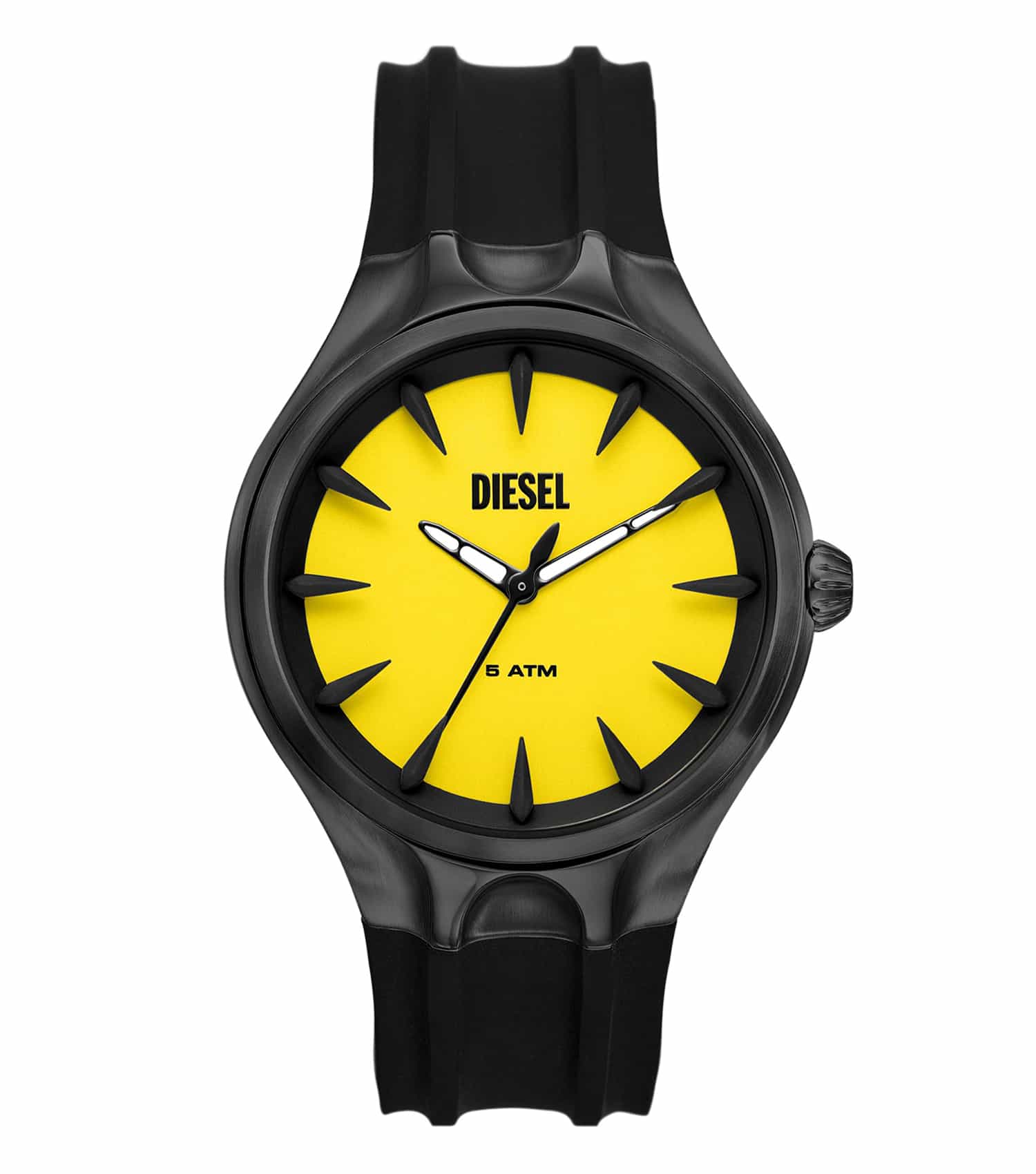 Diesel yellow watch DZ2201 featuring a bold face with a sleek design, showcased from a front angle; epitome of style and precision.
