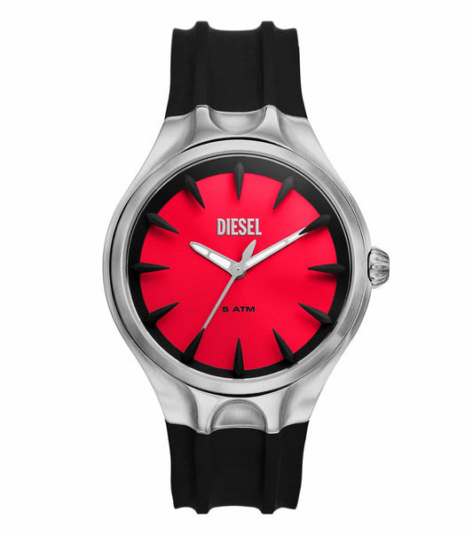 Diesel watch with sleek design in silver streamline, front angle showcasing minimalistic elegance and easygoing flow of color.