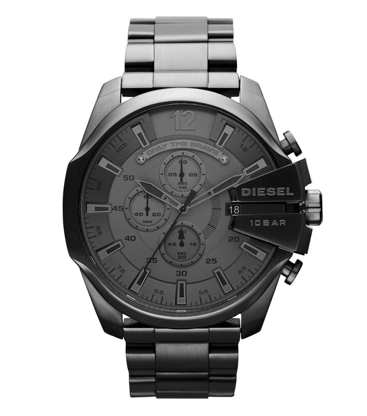 Diesel Chief Quartz watch in black, angled view showcasing its sleek black ion-plated stainless steel bracelet and robust dial design.