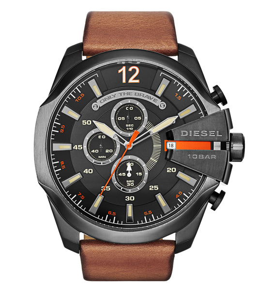 Diesel quartz watch in steel gray with a bold chronograph display; seen from a front angle, showcasing its premium design.
