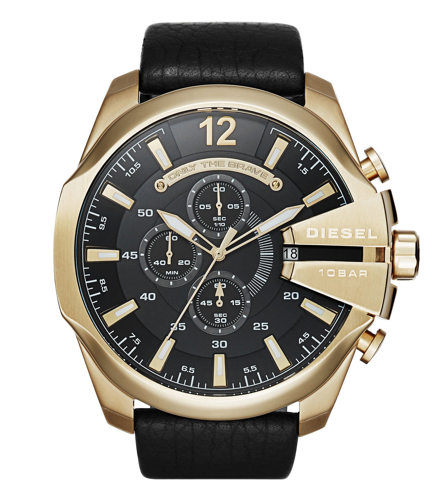 Diesel quartz watch displaying a bold design with black and gold accents captured from an angled side view on a sleek surface.