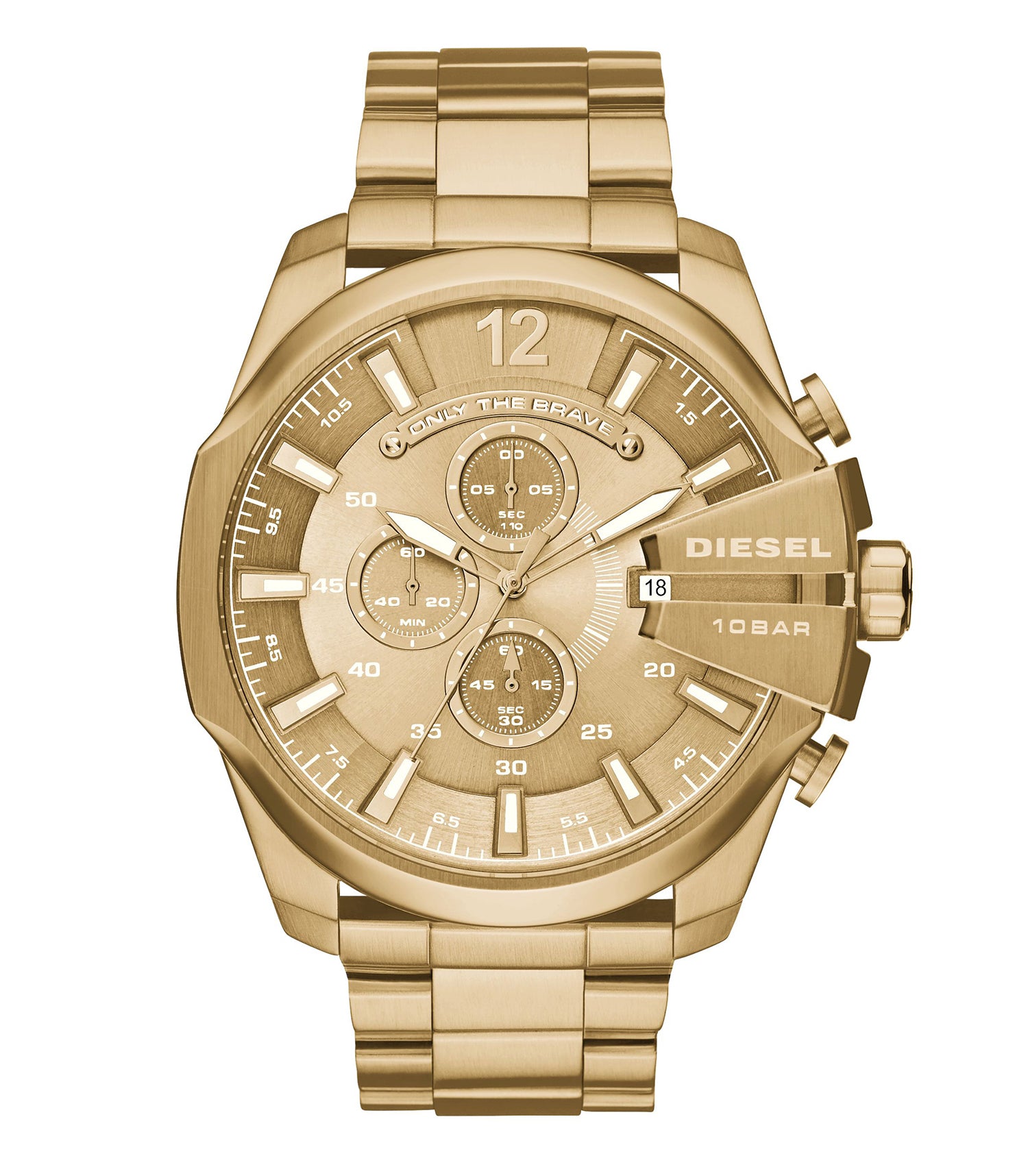 Diesel men's watch in striking black, angled slightly to showcase its bold design and sleek features, appealing to watch enthusiasts.
