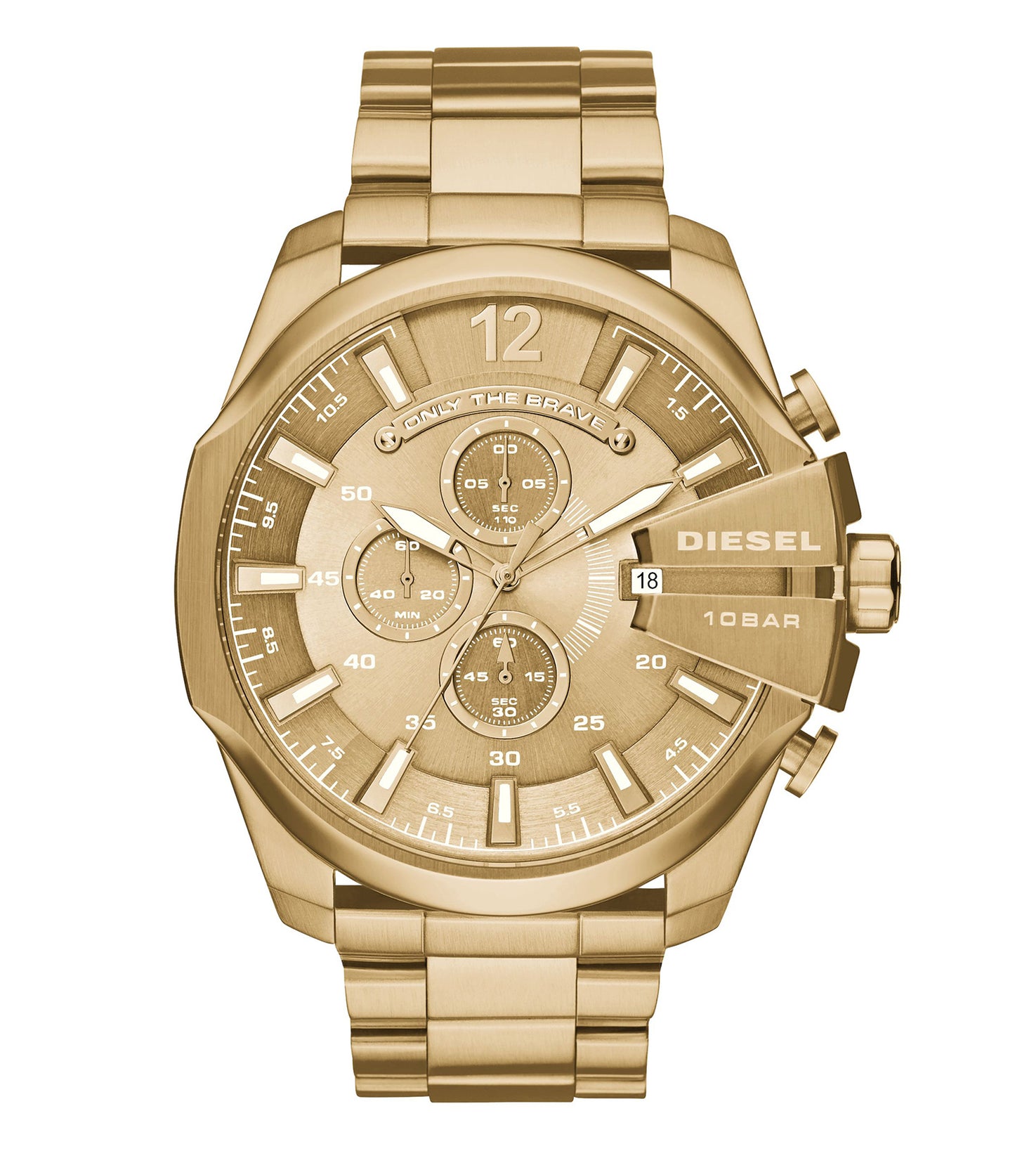 Diesel men's watch in striking black, angled slightly to showcase its bold design and sleek features, appealing to watch enthusiasts.
