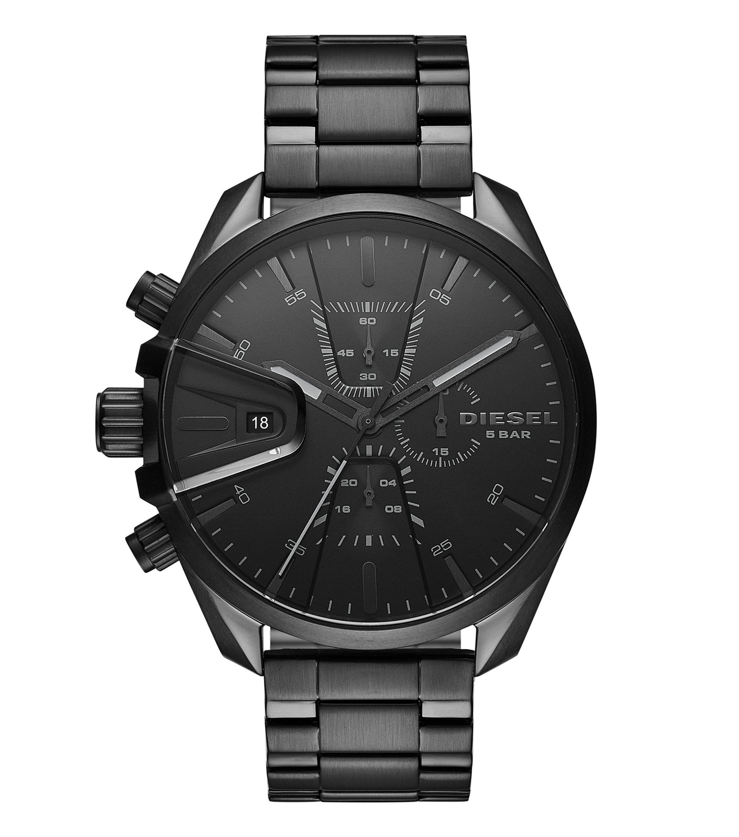  Diesel men's watch in Ms9 color showcased at a slight angle, highlighting its bold face and sleek metal bracelet design.