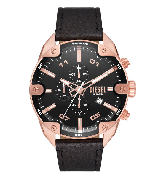 Diesel watch in quartz color with a side angle view showcasing its detailed dial and sleek metallic strap for a stylish look.