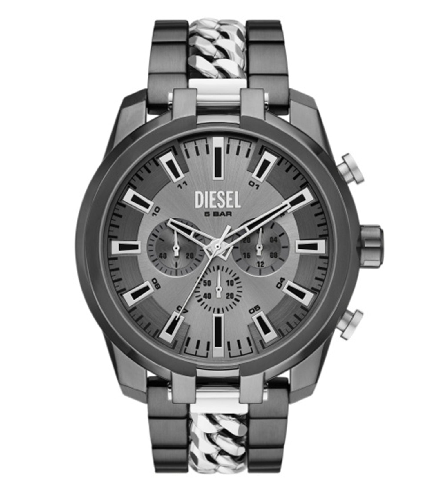 Diesel watch DZ4630 split color image showcasing the stylish watch at a tilted angle, highlighting its bold design and sleek strap.