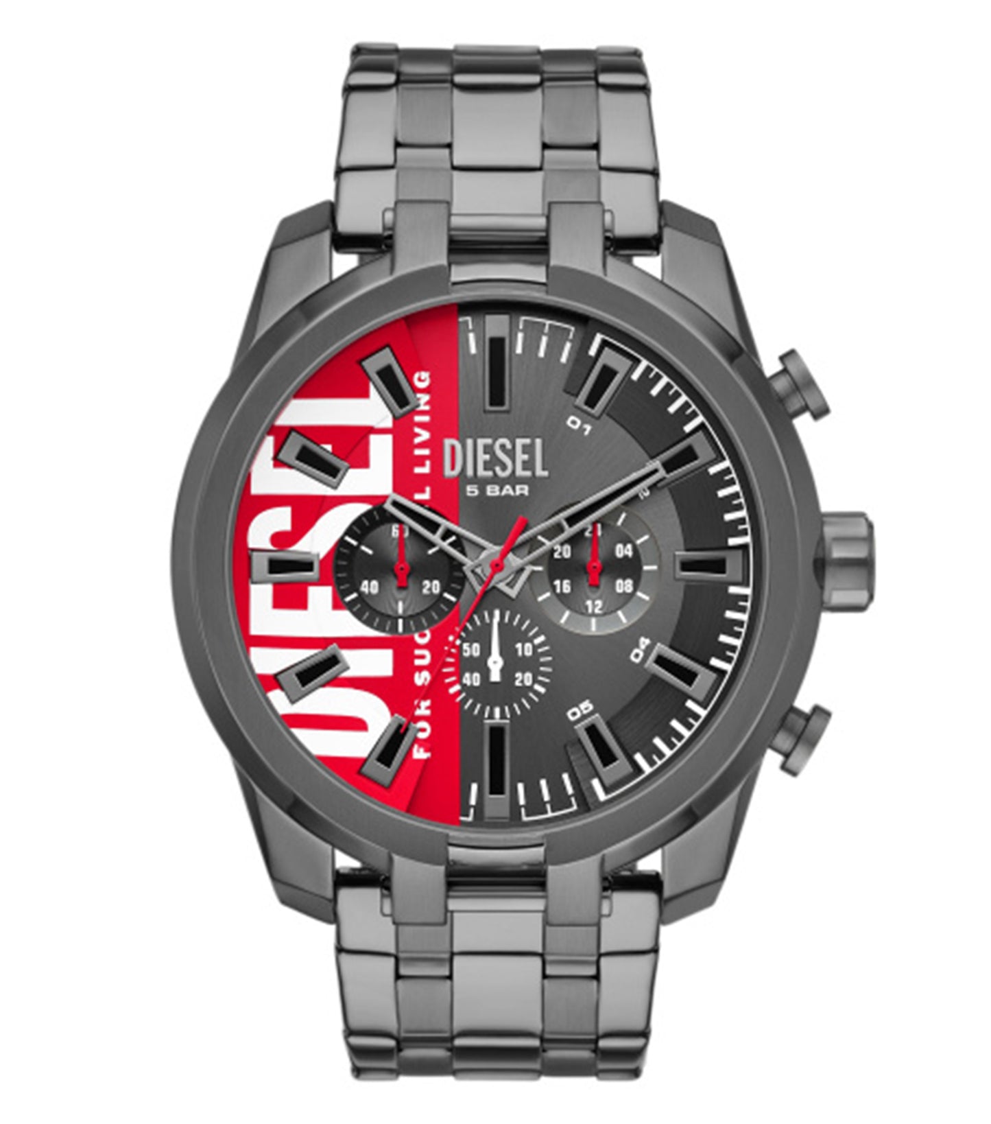 Diesel watch DZ4632 front view showcasing a sleek, split-color design with black and silver accents, epitomizing modern sophistication.