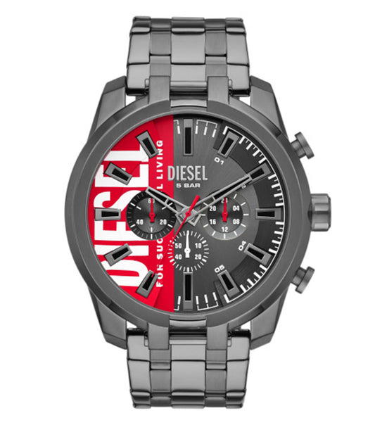Diesel watch DZ4632 front view showcasing a sleek, split-color design with black and silver accents, epitomizing modern sophistication.