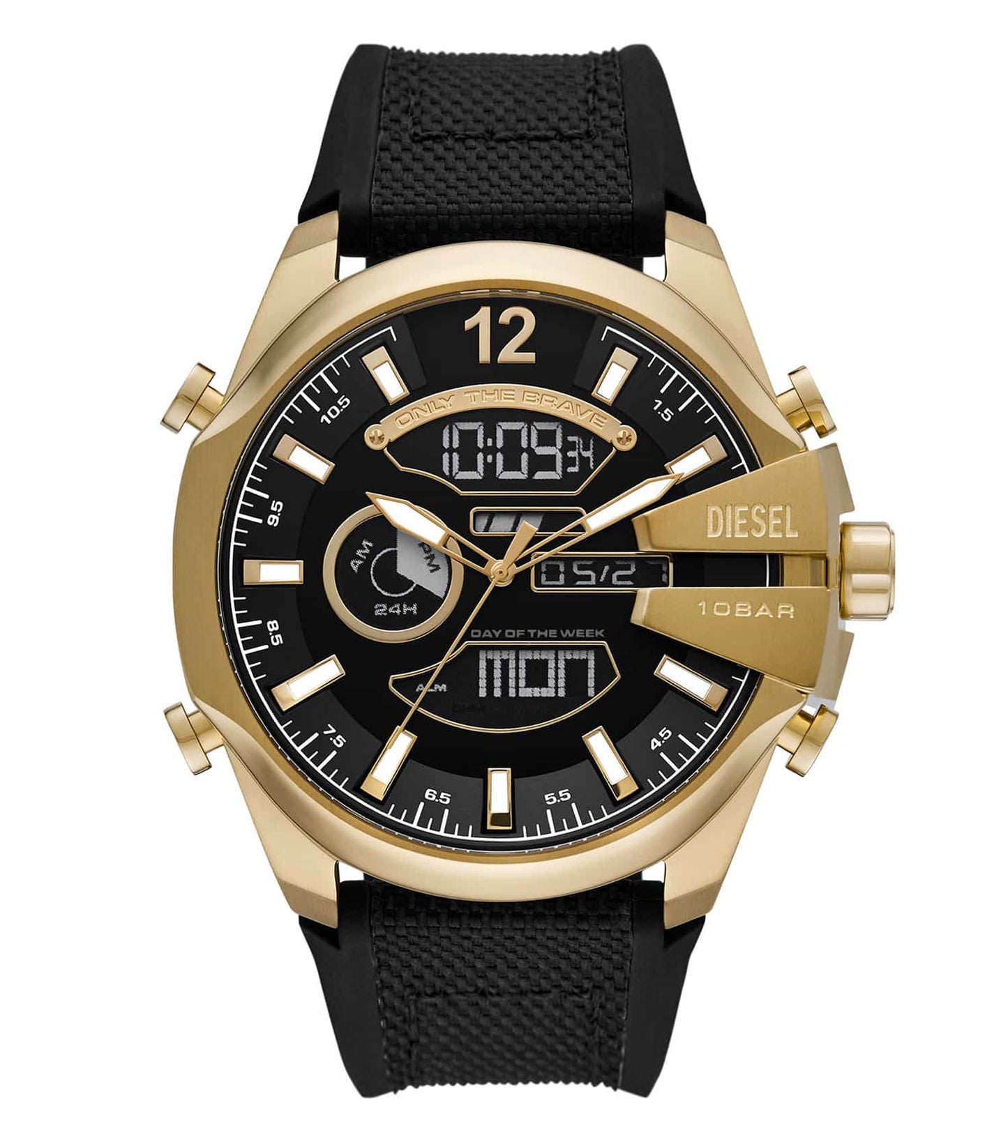 Diesel watch in striking black, angled to showcase its bold face and sleek band, exemplifying dynamic style and precision engineering.